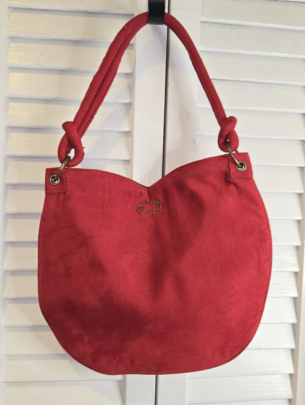 Vintage ESCADA Parfums Red Faux Suede Hobo Shoulder Bag Studded Logo Knot Strap